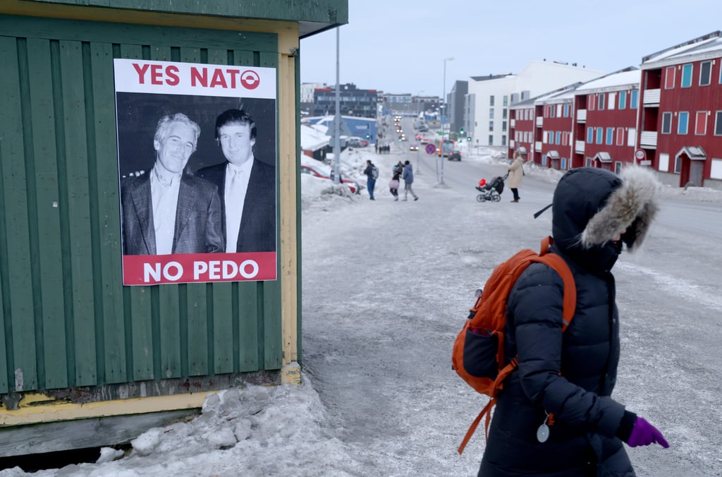 A poster that shows US President Donald Trump with sex offender Jeffrey Epstein reads: “Yes Nato, no pedo” in Nuuk, Greenland, in January. Photo: TNS