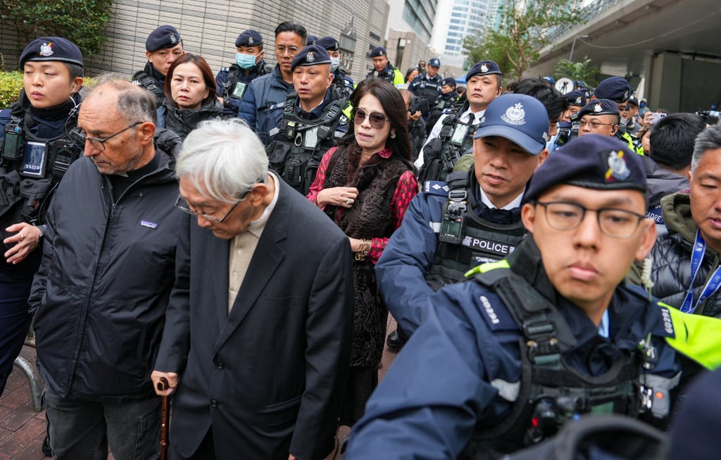 Cardinal Joseph Zen and Jimmy Lai’s wife Teresa Lai leave West Kowloon Court. Photo: Sam Tsang