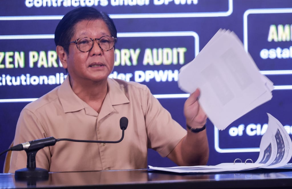 Philippine President Ferdinand Marcos Jnr delivers a report on government investigative efforts against corruption in Manila on November 13, 2025. Photo: EPA