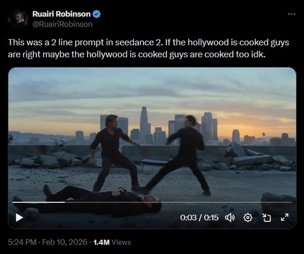 Irish filmmaker Ruairi Robinson posted an AI-generated video of Brad Pitt and Tom Cruise fighting on top of a building. X/RuairiRobinson