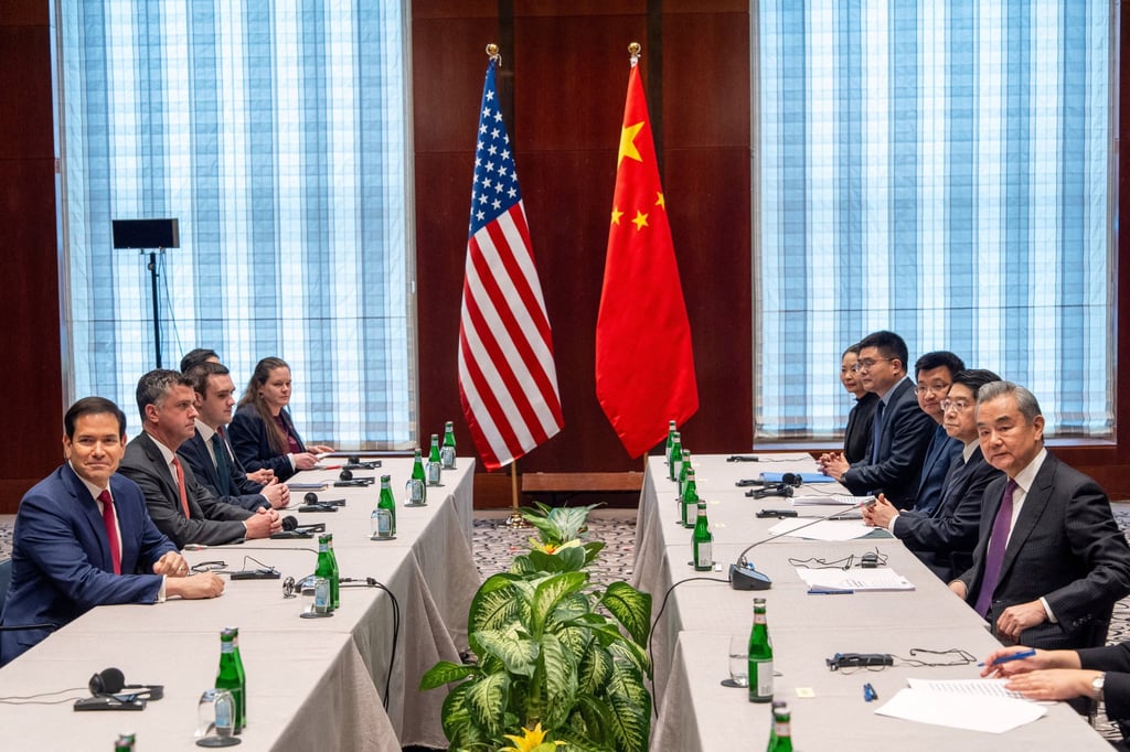 Marco Rubio and Wang Yi with their respective delegations meet on Friday on the sidelines of the Munich Security Conference. Photo: Pool via Reuters