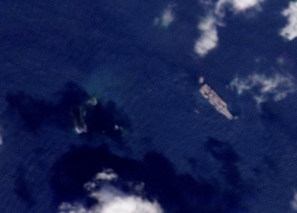 A satellite image shows the USS Gerald R. Ford aircraft carrier off the coast of St Thomas Island, US Virgin Islands, in January. Image: Planet Labs PBC via Reuters
