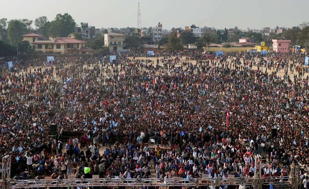 Balendra Shah’s supporters gather to wait for the former Kathmandu mayor, popularly known as “Balen”, during an election campaign in Janakpur on January 19. Photo: Reuters