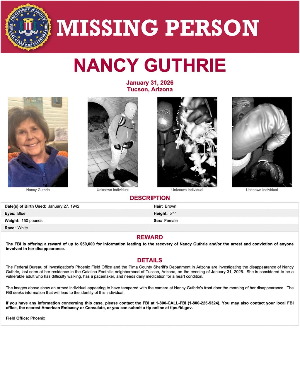 Images show an armed individual appearing to have tampered with the camera at Nancy Guthrie’s front door the morning of her disappearance. Photo: FBI / TNS