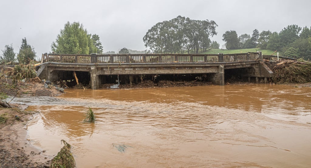 Trees lie near a damaged bridge after heavy rain and wild winds in Puketotara, New Zealand, on Saturday. Photo: Wayne Feisst via Reuters