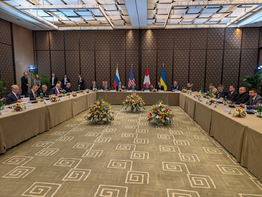 Delegations from Ukraine, Russia and the US wait for the start of talks in Geneva, Switzerland, on Tuesday. Photo: Press service of the National Security and Defence Council of Ukraine via Reuters