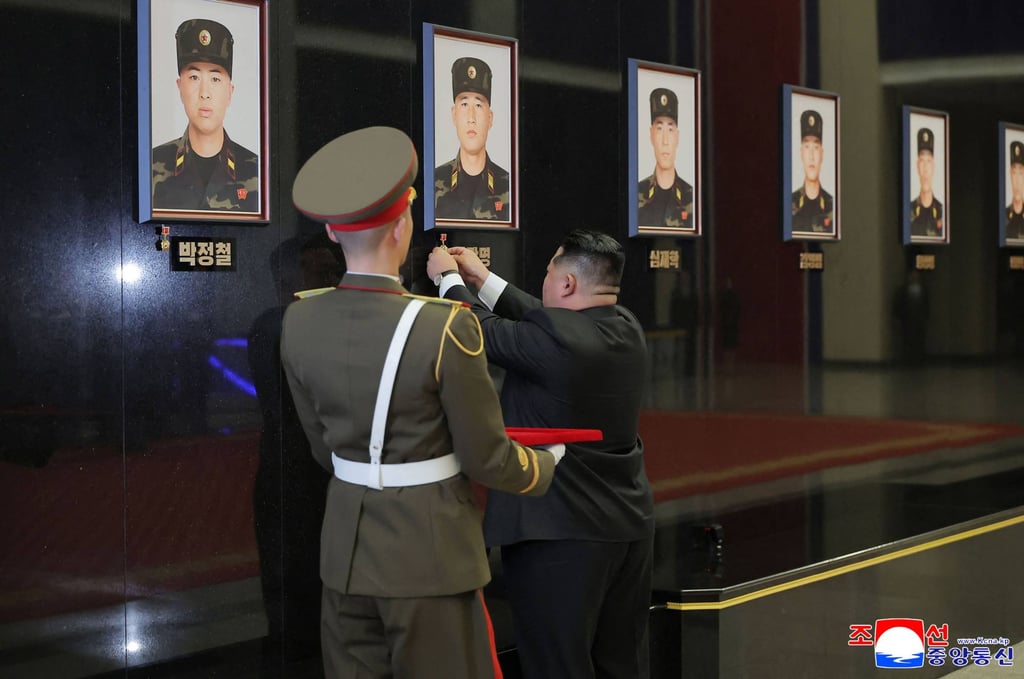 North Korean leader Kim Jong-un presenting posthumous medals in December for North Korean soldiers killed in Russia. Photo: KCNA via AFP