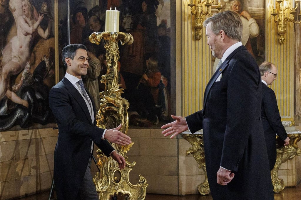 Dutch King Willem-Alexander (right) welcomes Prime Minister Rob Jetten before taking part in the signing of the Royal Decrees at Huis ten Bosch Palace for the swearing-in ceremony of the new cabinet in The Hague on Monday. Photo: AFP