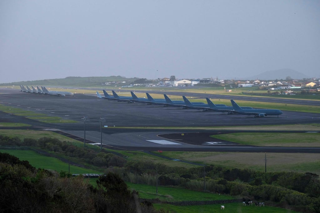 A row of some US Air Force tankers on the tarmac of Lajes airbase in Terceira island, Azores, Portugal. Photo: AFP