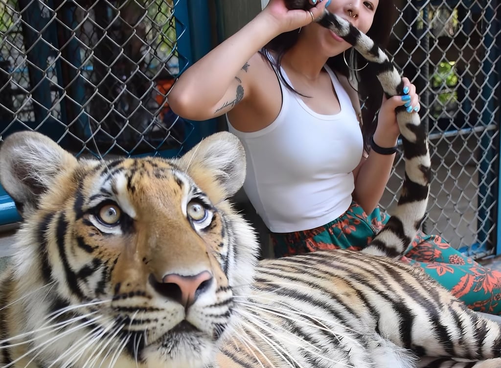A tourist takes a photo with a captive tiger at Tiger Kingdom in Chiang Mai. Photo: Instagram