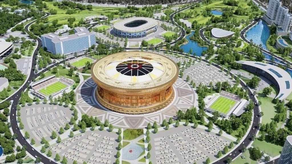 An artist’s impression of the golden, drum-shaped Trong Dong Stadium in Hanoi. Photo: Handout