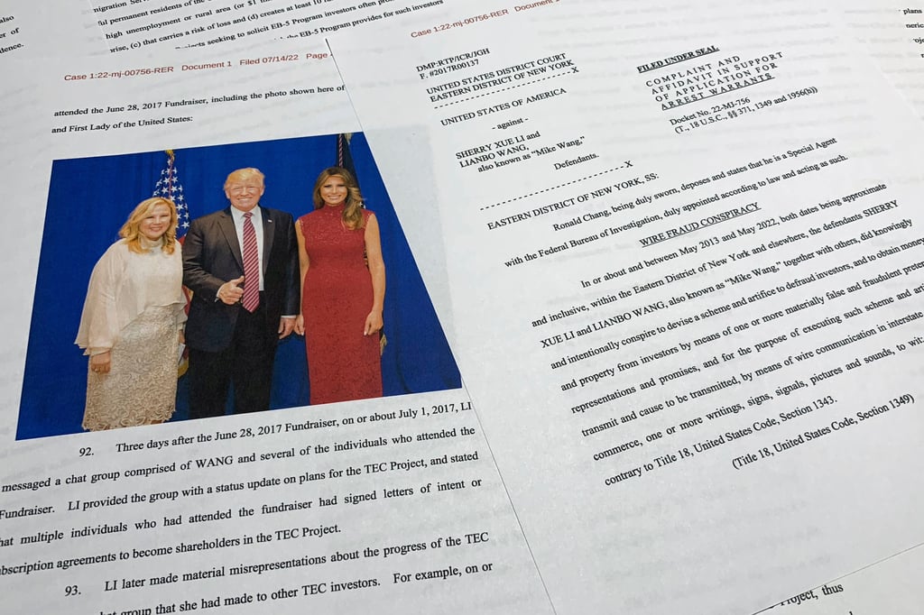 The complaint and affidavit in support of an arrest warrant against Sherry Xue Li and Lianbo Wang. Photo: US Department of Justice via AP