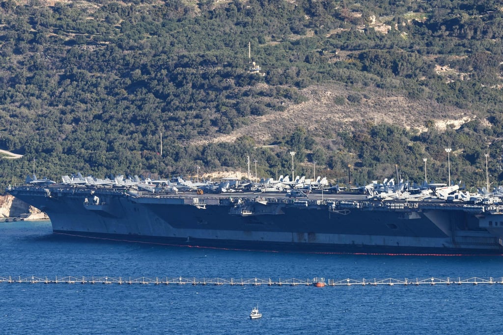 The USS Gerald Ford, the world’s largest aircraft carrier, docked on the Greek island of Crete on Tuesday. Photo: AFP