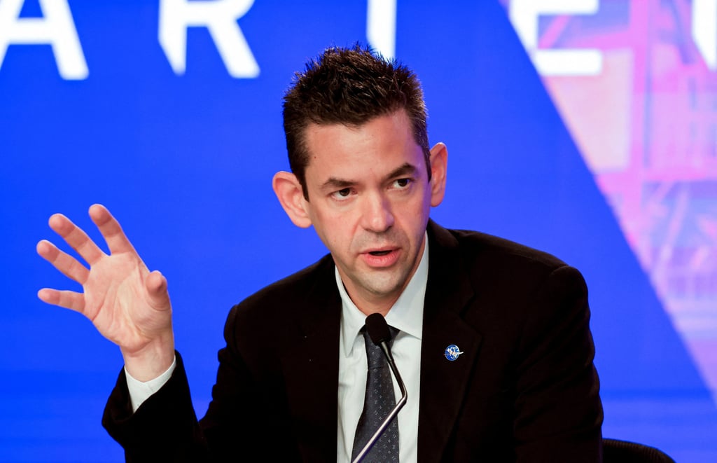 Nasa Administrator Jared Isaacman speaks about the Artemis programme at the Kennedy Space Centre in Florida on Friday. Photo: Reuters