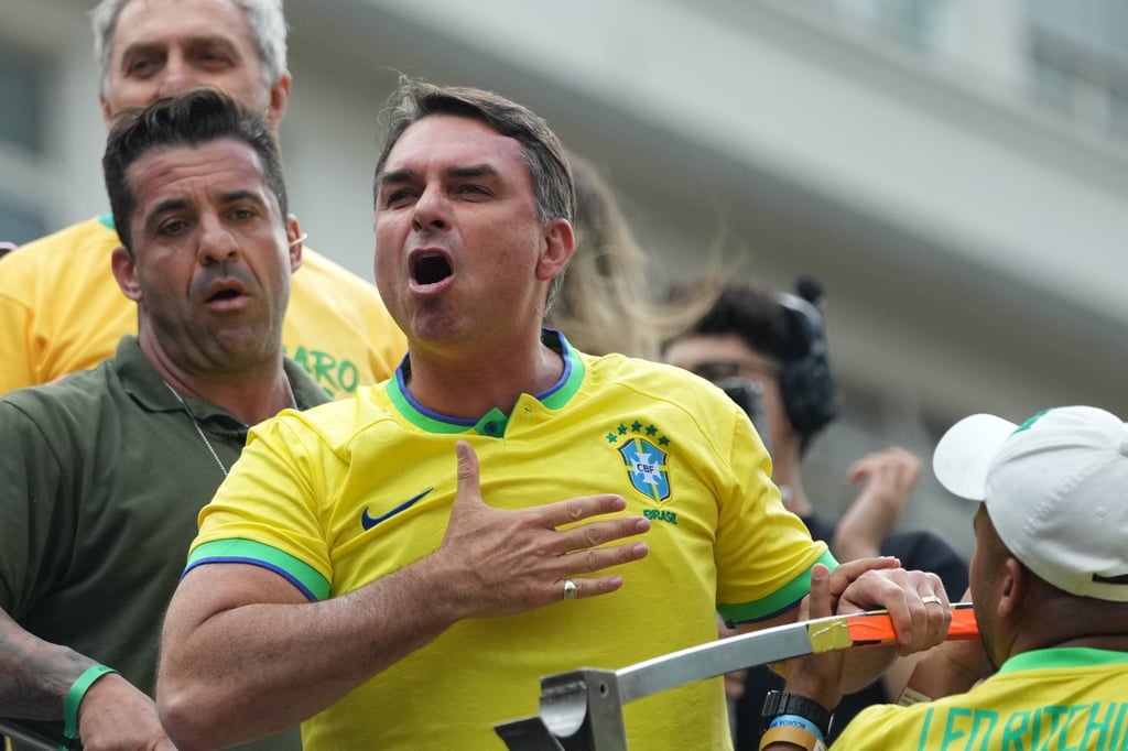 Senator Flavio Bolsonaro, son of former president Jair Bolsonaro and a candidate in Brazil’s October presidential election, in Sao Paulo on Sunday. Photo: AP