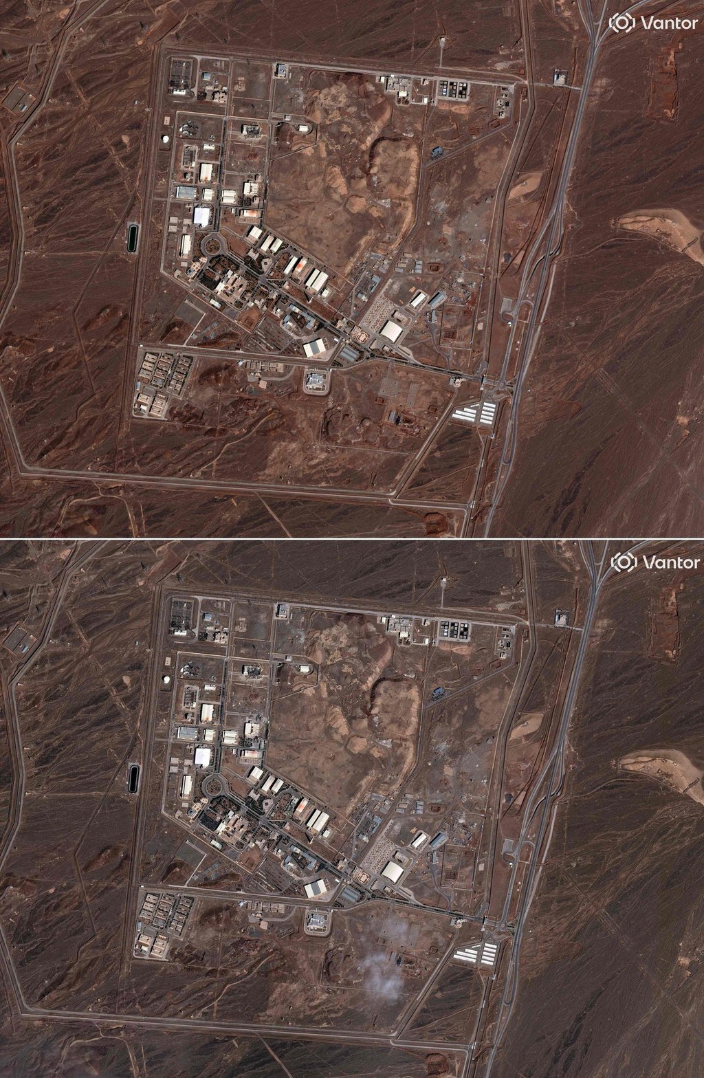 The Natanz nuclear complex on March 1, 2026 (top) on March 2, 2026 (below) with damage observed on several buildings. Photo: Vantor via AFP