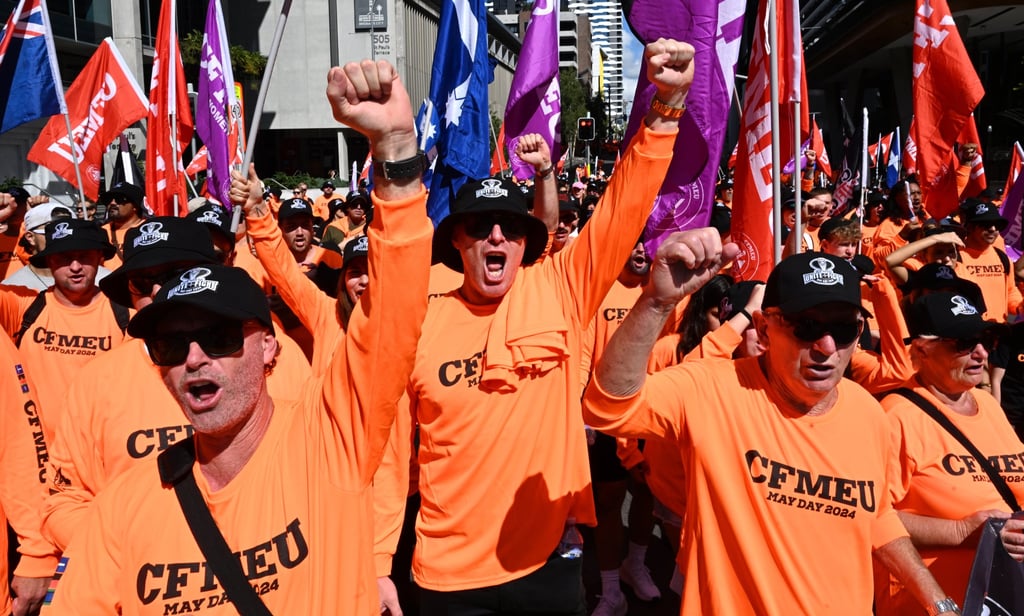 Members of the Construction, Forestry and Maritime Employees Union march to mark Labour Day in Brisbane on May 6, 2024. Industries such as mining and construction tend to have the largest gender pay gaps. Photo: EPA-EFE