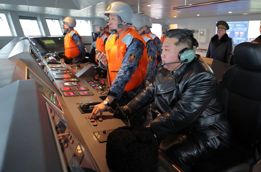 North Korean leader Kim Jong-un (right) takes part in destroyer Choe Hyon’s sea trials ahead of its commissioning on Tuesday. Photo: KCNA/AFP
