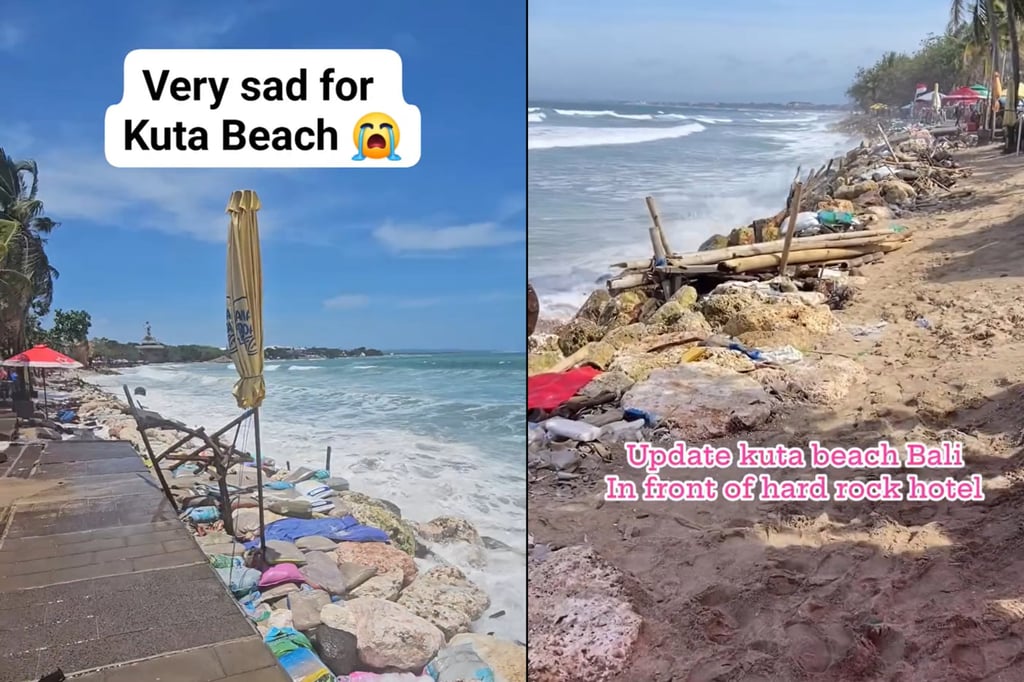 Screenshots from videos shared to social media this week showing the erosion of Bali’s iconic Kuta Beach. Photos: Instagram / smithersgnome17 and tim_jimbo