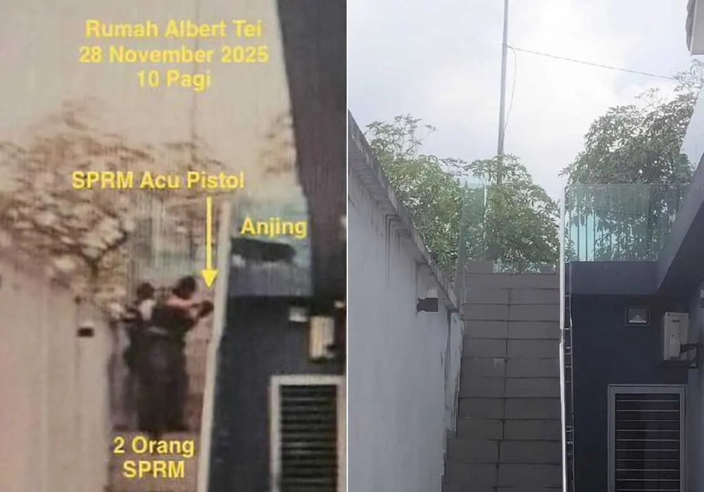 A composite photo shows what Albert Tei says are MACC officers (left) entering his house compound (right), one with gun drawn. Photo: Handout