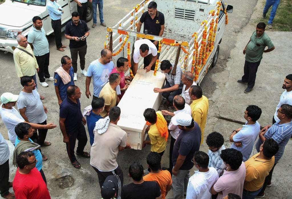 The remains of deceased Aditya Sharma arriving at his home in Hamirpur, Himachal Pradesh, India on Thursday. Sharma was among three crew members killed in a US attack on the Indian-crewed tanker MT Settebello. Photo: Reuters