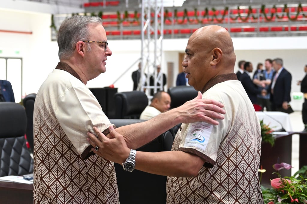Australian Prime Minister Anthony Albanese (left) greets Tuvalu Prime Minister Feleti Teo in Tonga in 2024 during a Pacific Islands Forum Leaders Meeting. Photo: EPA-EFE