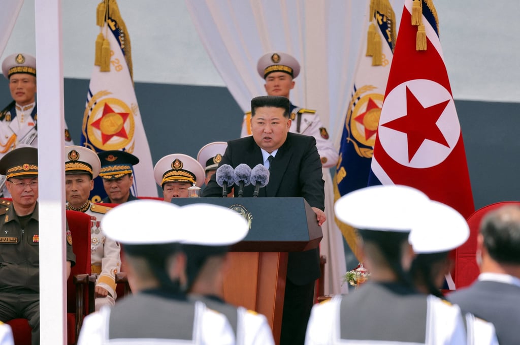 North Korean leader Kim Jong-un speaks during the commissioning ceremony of the Choe Hyon on Wednesday. Photo: KCNA via Reuters