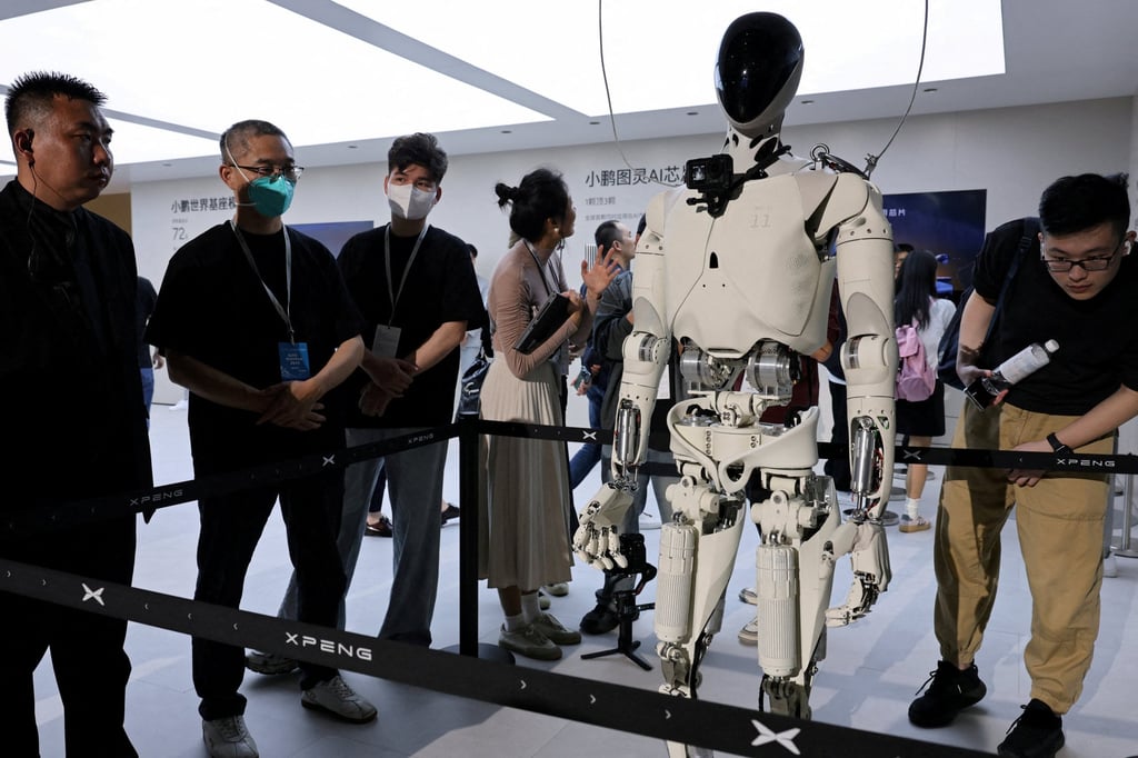 Xpeng’s humanoid robot Iron is displayed during the Auto Shanghai show in Shanghai. The company plans to begin mass production of the model by the end of 2026. Photo: Reuters