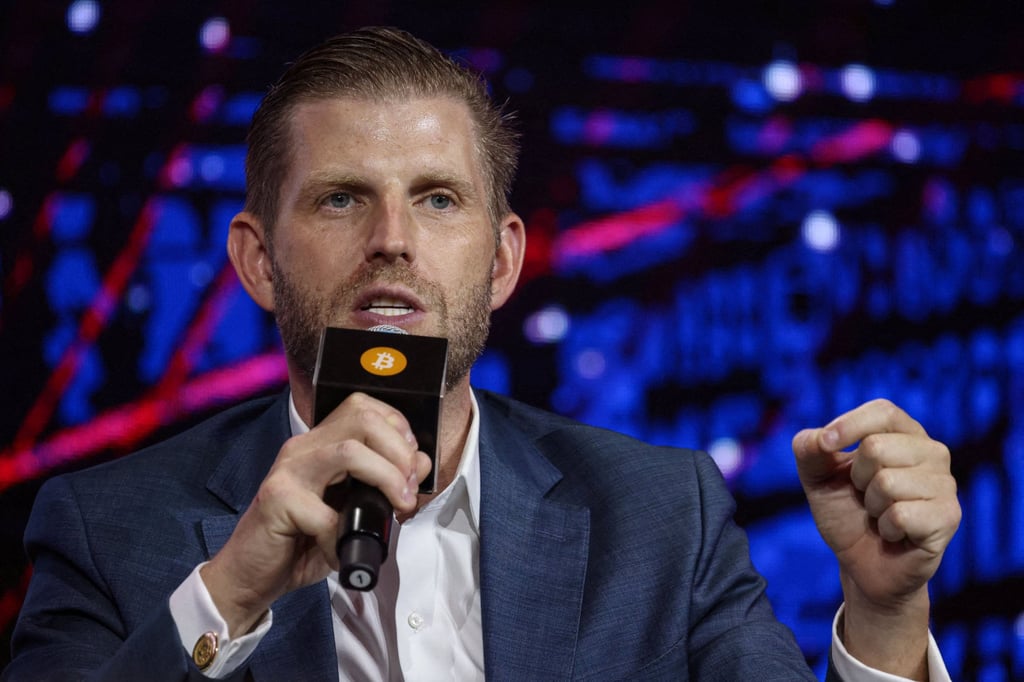 Eric Trump, executive vice-president of the Trump Organisation, speaks at a bitcoin conference in Hong Kong last year. Photo: Reuters
