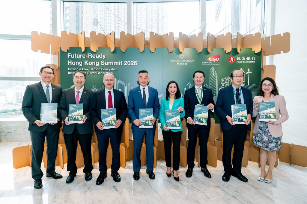 Delegates present the ‘Creating a Green and Silver Economy’ white paper to attendees at the Future-ready Hong Kong Summit 2026.
