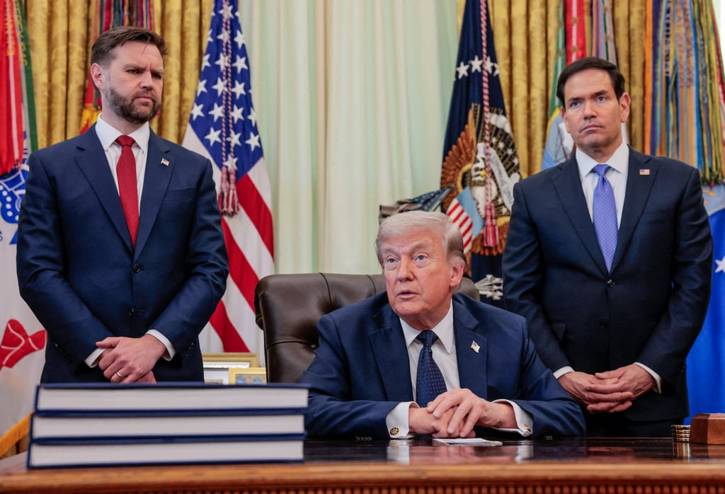 US Vice-President J.D. Vance, US President Donald Trump and Secretary of State Marco Rubio. After Tuesday’s court ruling, Trump wrote: ‘A BIG WIN FOR REPUBLICANS and, more importantly, The First Amendment!’