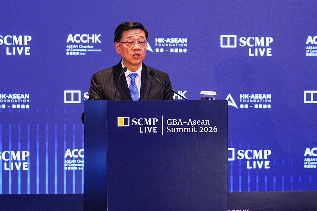 John Lee gives a keynote speech at the South China Morning Post’s GBA-Asean Summit 2026. Photo: May Tse