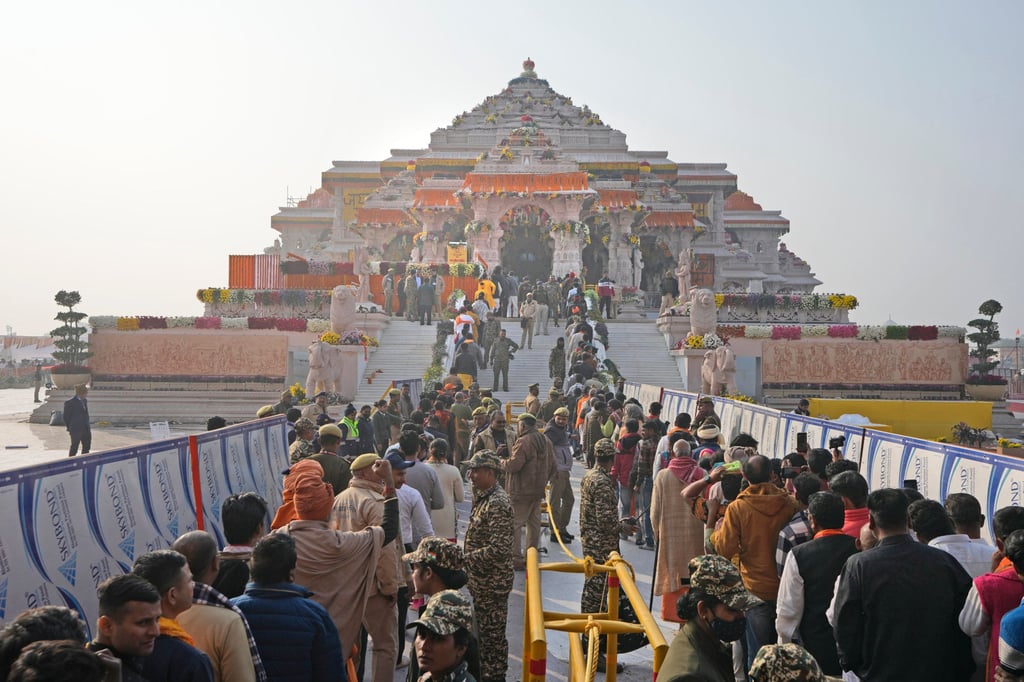 Devotees queue to enter the newly opened Ram Temple in Ayodhya on January 23, 2024. Photo: AP