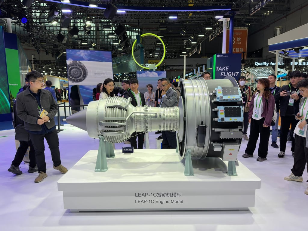 A model of the Leap-1C engine, used exclusively to power the C919 airliner, on display at the China International Import Expo in Shanghai on November 8. Photo: Frank Chen