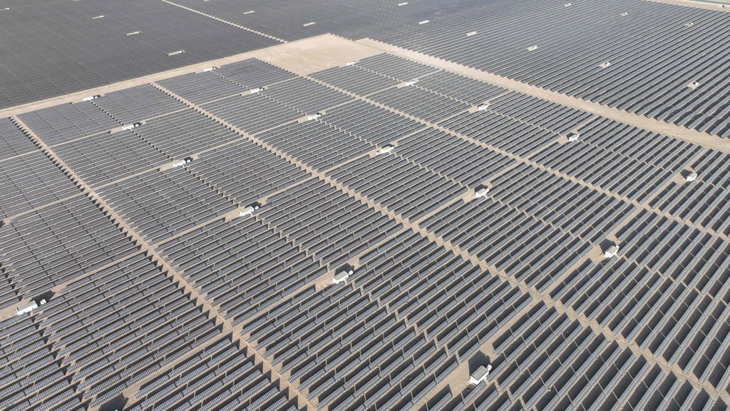 Solar panels are seen at the Hongliuwa Photovoltaic Industrial Park in Jinta county in the Gobi desert, in China’s northwestern Gansu province, on February 1. Photo: AFP
