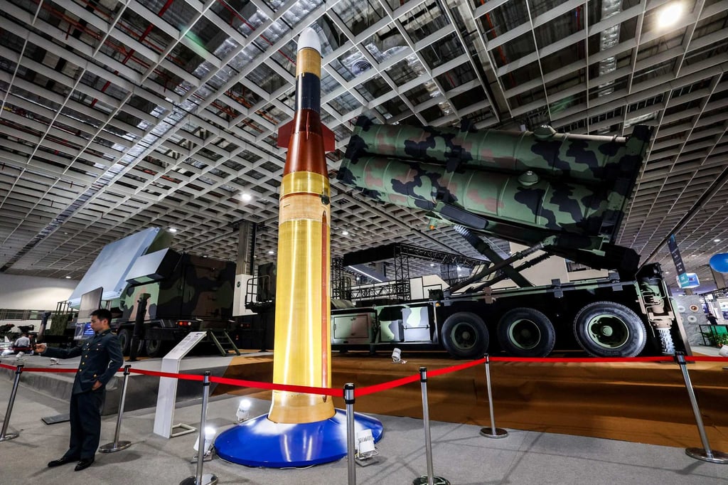 A Chiang-Kong missile and launcher, an indigenous anti-ballistic missile system, is displayed ahead of the Taipei Aerospace and Defence Technology Exhibition in Taipei on September 17, 2025. Photo: AFP