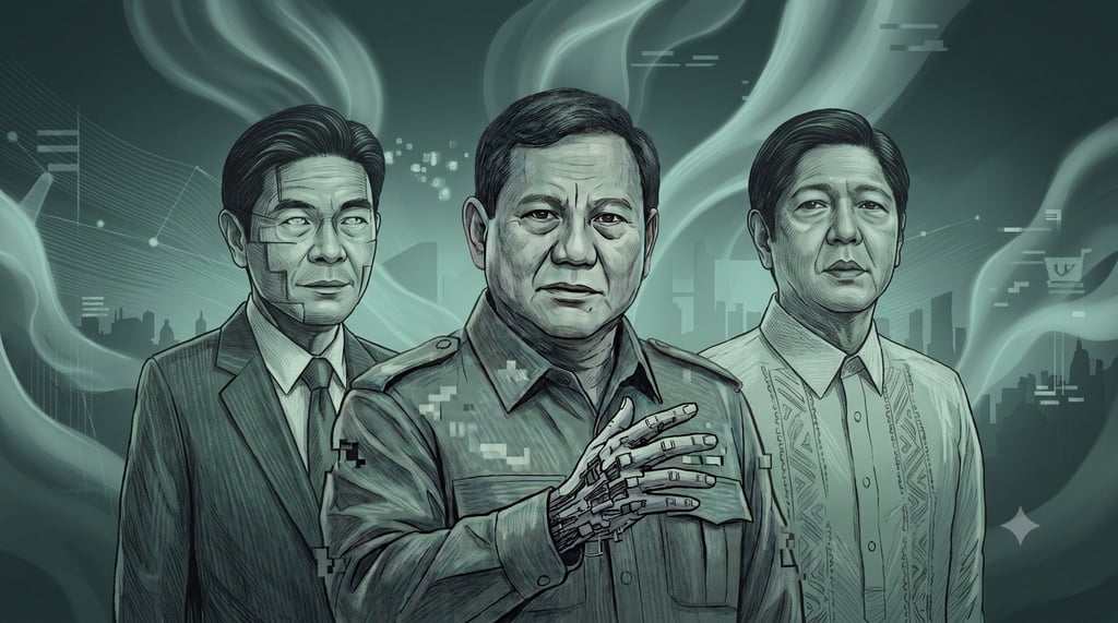 AI-generated deepfakes of Southeast Asian leaders are increasingly being used by online scam syndicates. This illustration was produced with the assistance of Google’s Nano Banana. Illustration: Greg Fountain