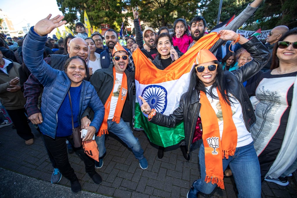 Supporters of Indian Prime Minister Narendra Modi at the ‘Kia Ora Modi’ community reception at Spark Arena in Auckland, New Zealand, on Saturday. Photo: EPA