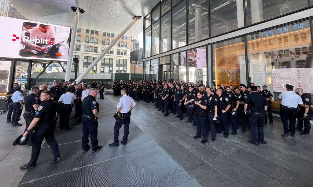 Police mobilise outside Madison Square Garden on July 3 in preparation for Taylor Swift and Travis Kelce’s wedding. Photo: TNS