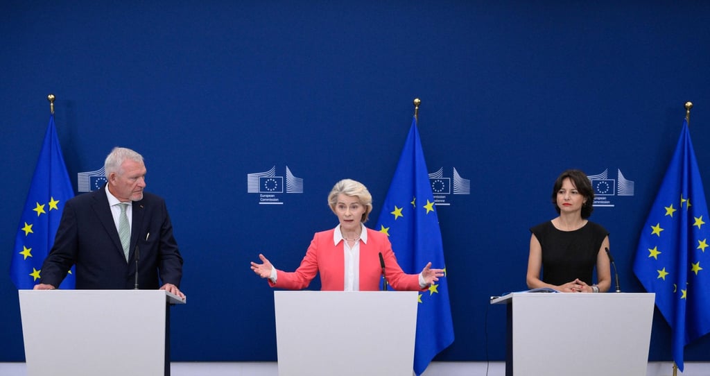(From left) Director of the Department of Child and Adolescent Psychiatry, Psychosomatics and Psychotherapy at Ulm University Medical Centre Dr Jorg M Fegert, European Commission President Ursula von der Leyen and Director at the French National Institute of Health and Medical Research Maria Melchior at a press conference in Brussels on Monday. Photo: AFP