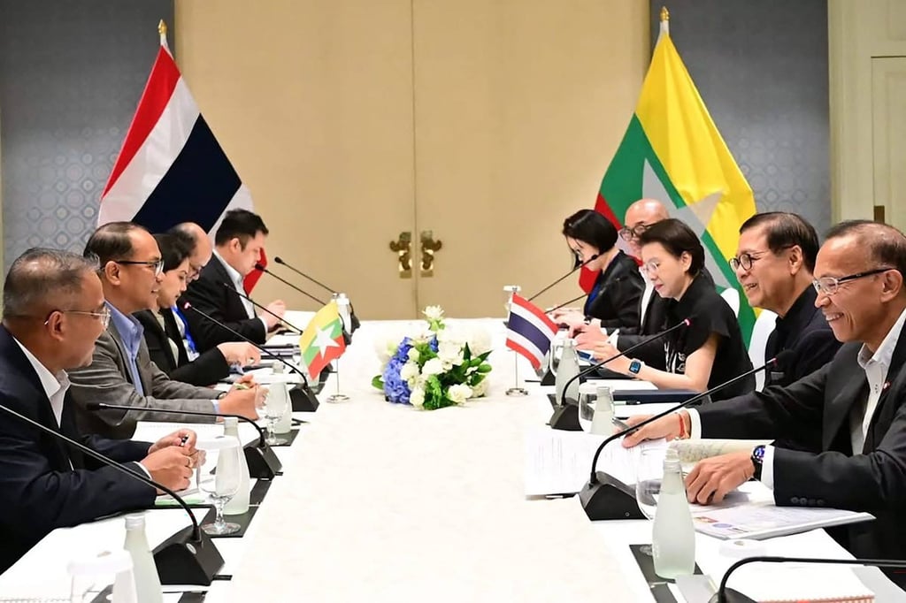 Thailand’s Foreign Minister Sihasak Phuangketkeow (right) meets his Myanmar counterpart U Tin Maung Swe on Saturday, a day before an informal meeting with Asean foreign ministers in Bangkok. Photo: Thailand’s Ministry of Foreign Affairs/AFP