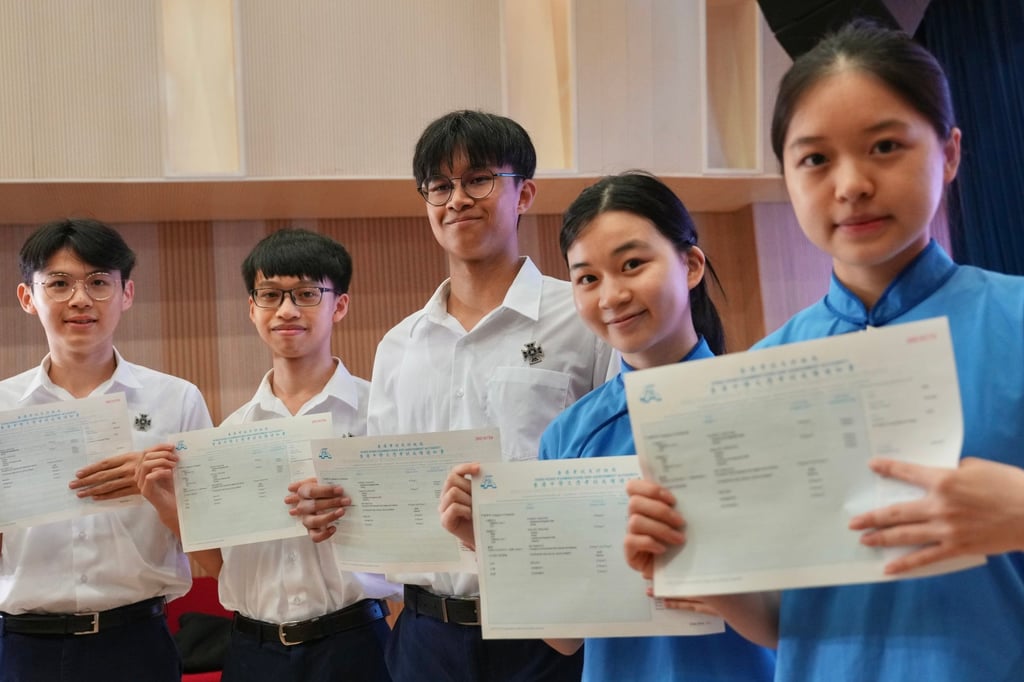 (From left) Ian Choi, Chong Yi-lam, Wong Yik-ka, Luann Ma and Chan Hoi-yin pose at St Paul’s Co-educational College. Photo: Karma Lo