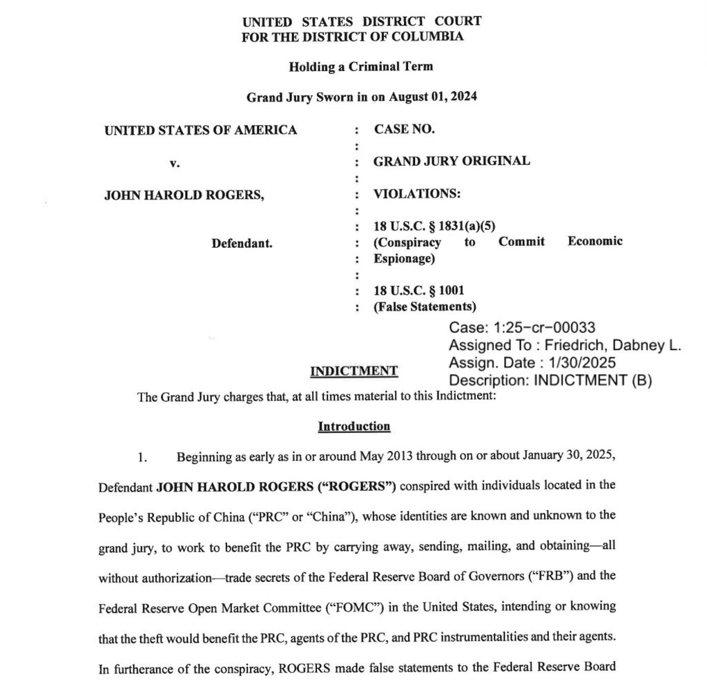 The US Department of Justice said it had charged John Harold Rogers with spying on behalf of Beijing while employed as a senior adviser at the Federal Reserve Board of Governors. Image: US Justice Department