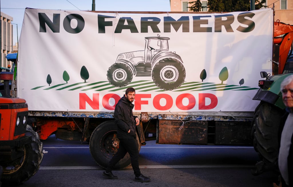 Greek farmers protest in front of parliament in Athens to demand financial help from the government as cost of living spikes on February 20, 2024. Photo: AP