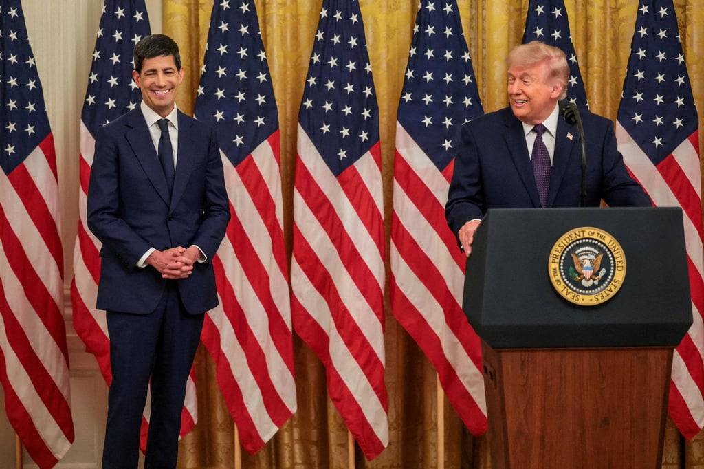 US President Donald Trump (right) delivers remarks during the swearing-in ceremony for incoming US Federal Reserve chairman Kevin Warsh in the East Room of the White House in Washington on May 22. Photo: Reuters