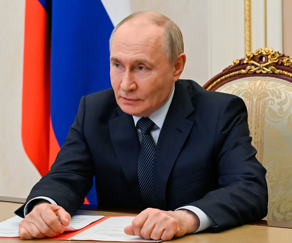 Russian President Vladimir Putin chairs a Security Council meeting via videoconference at the Kremlin on Friday. Photo: Kremlin Pool Photo/AP