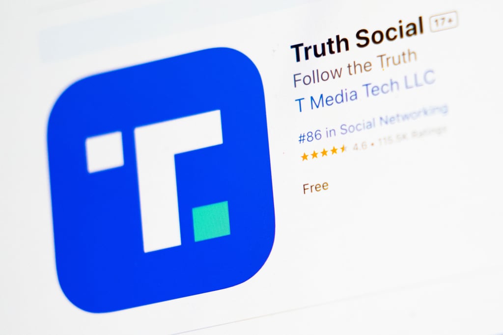 The download screen for the Truth Social app is displayed on a laptop in New York in March 2024. Photo: AP