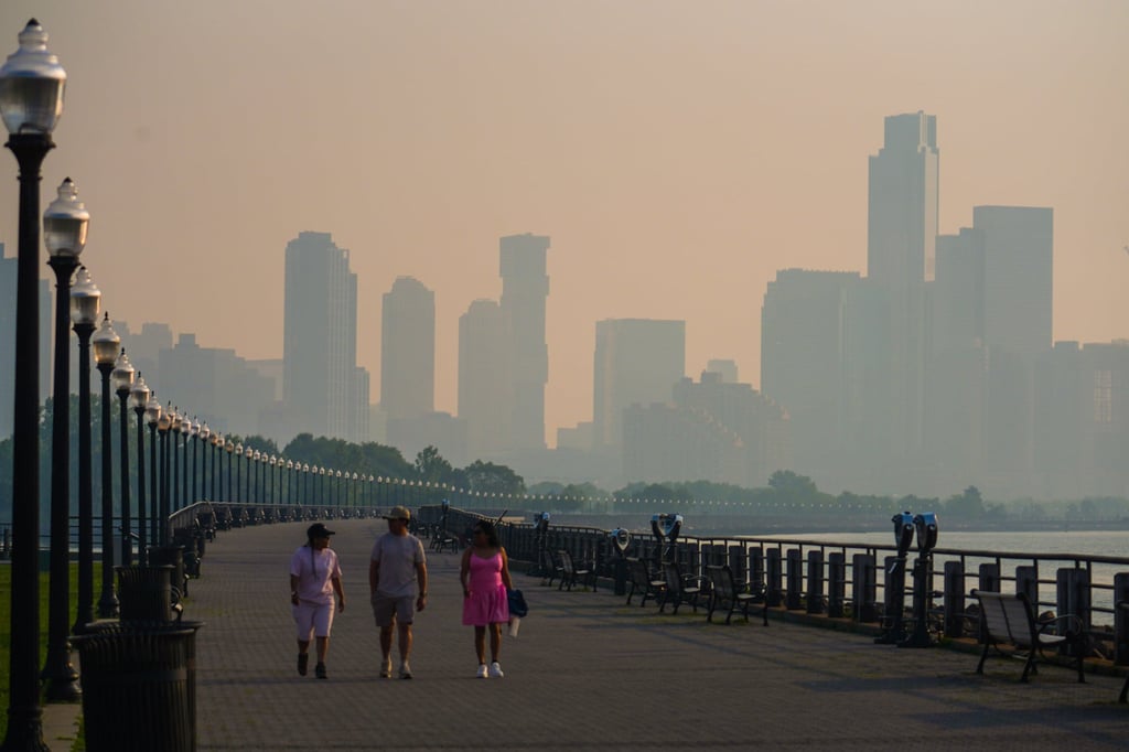 The Jersey City skyline is seen through a cover of wildfire smoke on Friday. Photo: AP