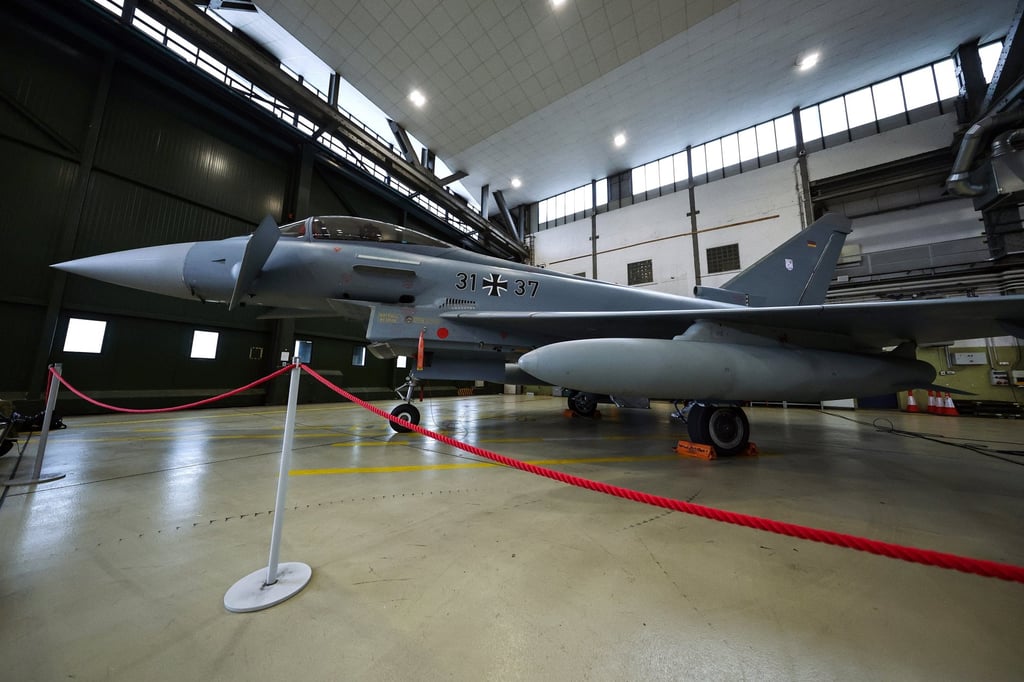 A Eurofighter jet of the German Armed Forces, the Bundeswehr, in a hangar of the Noervenich Air Base, in Noervenich, Germany, on Friday. Photo: EPA