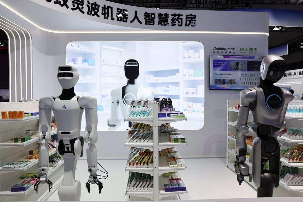 Humanoid robots are displayed at the Ant Group booth at WAIC on July 17. Photo: Reuters